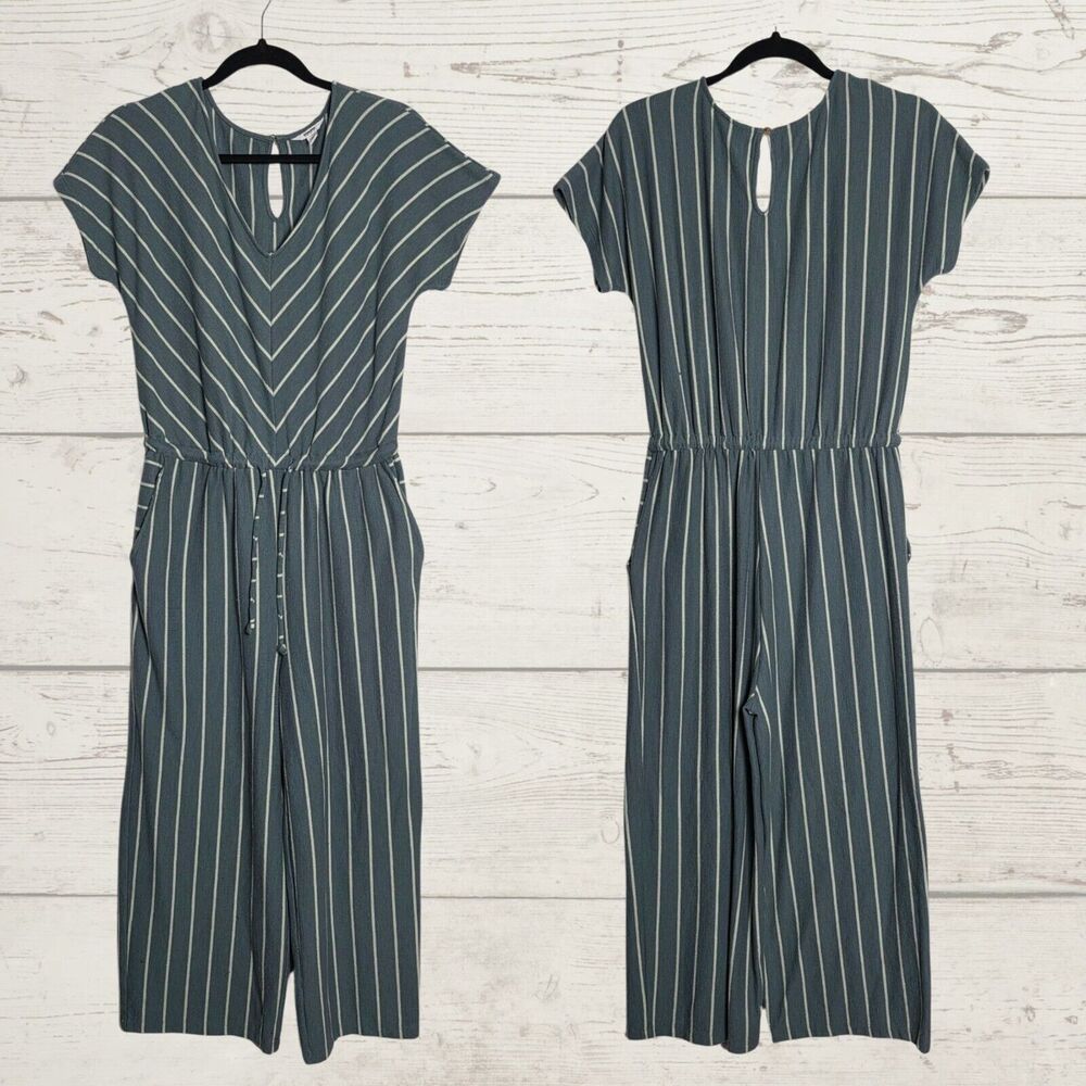 Women's Sonoma Sea Foam Green Stripe Wide Leg Crop Jumpsuit Pockets Boho